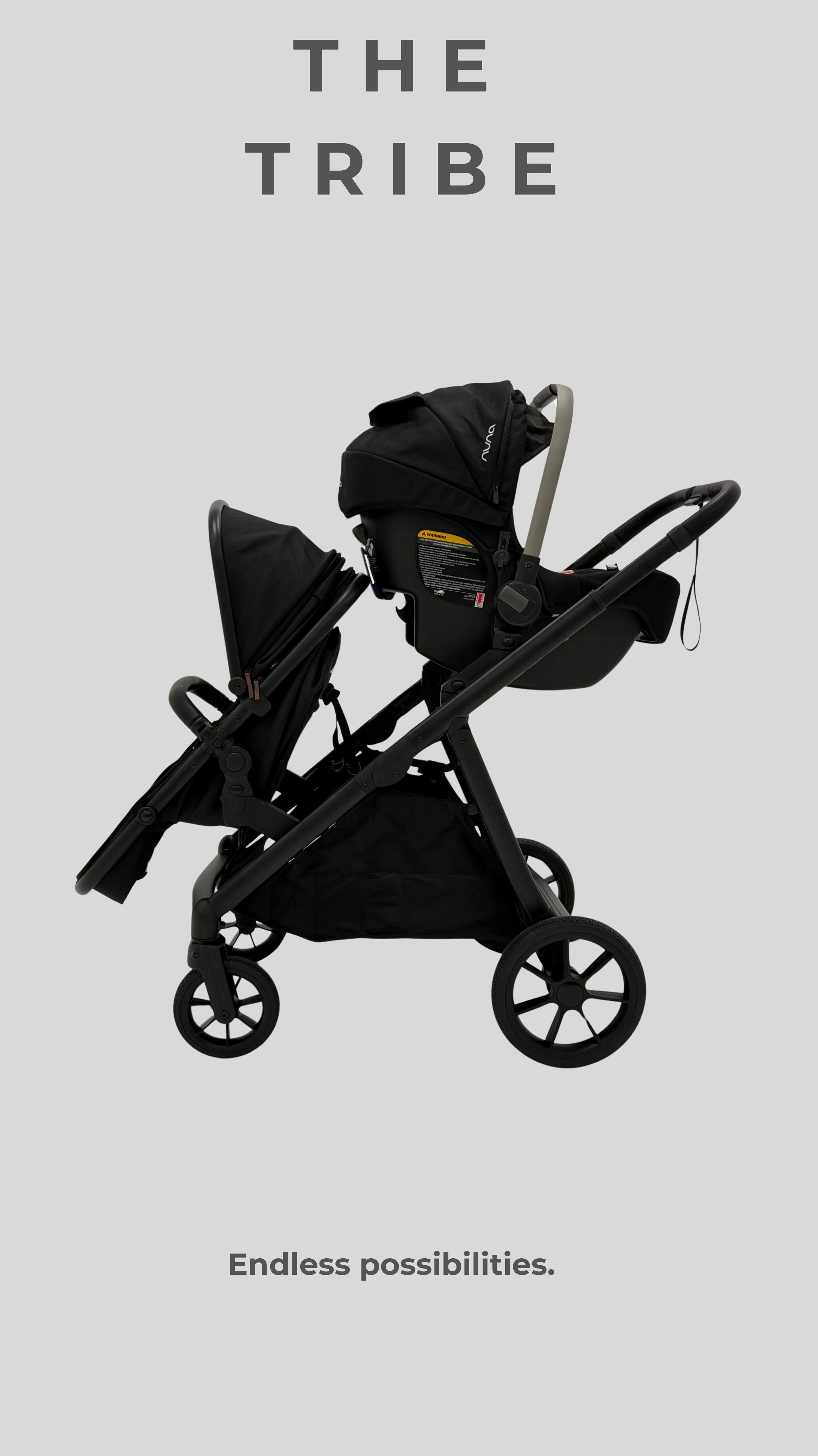 The Tribe Double Pram – Frame & 2 x Carrycot/Toddler Seat