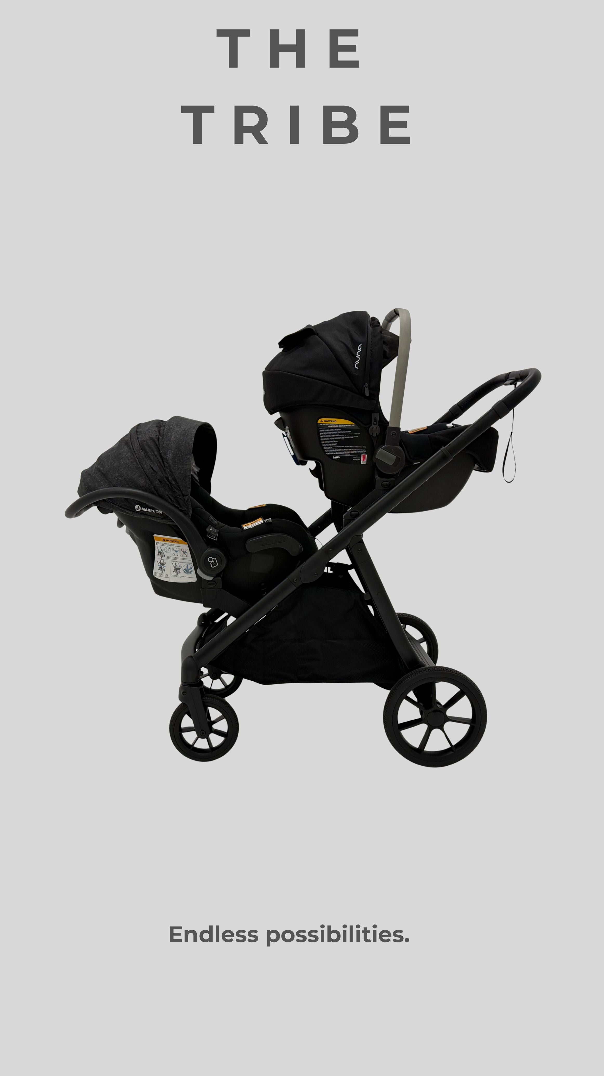 The Tribe Double Pram – Frame & 2 x Carrycot/Toddler Seat
