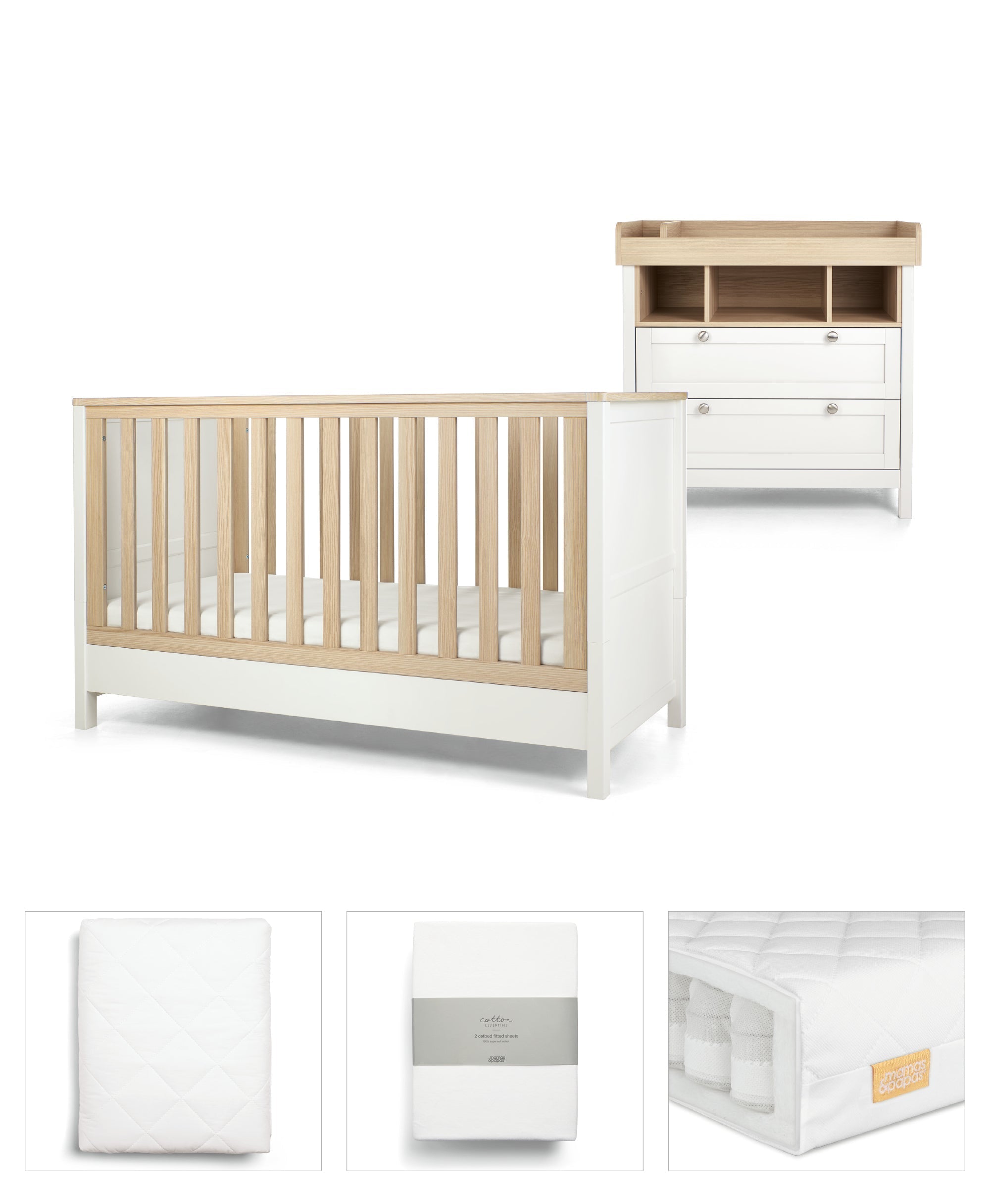 Harwell White 5 Piece Set with Cotbed, Dresser, Mattress, Fitted Sheets & Mattress Protector