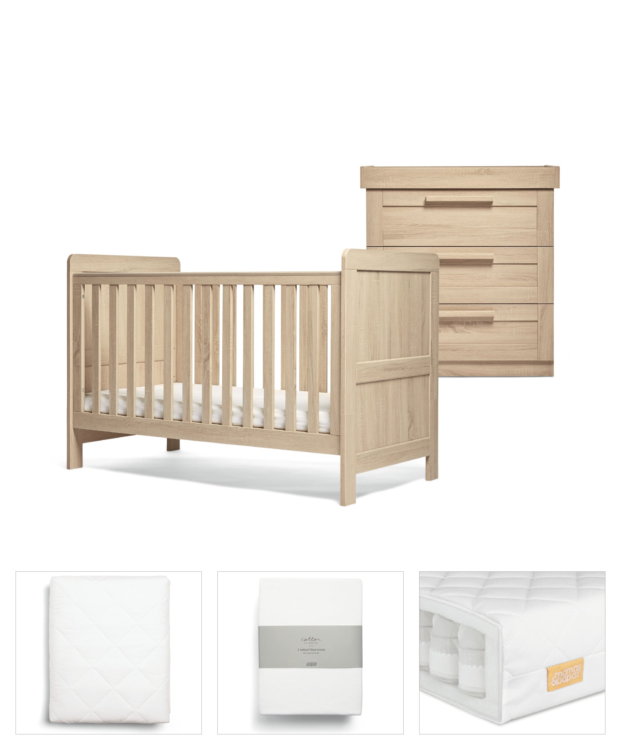 Mamas & Papas Atlas 5 Piece Set with Cotbed, Dresser Changer, Mattress, Fitted Sheets & Mattress Protector - Light Oak