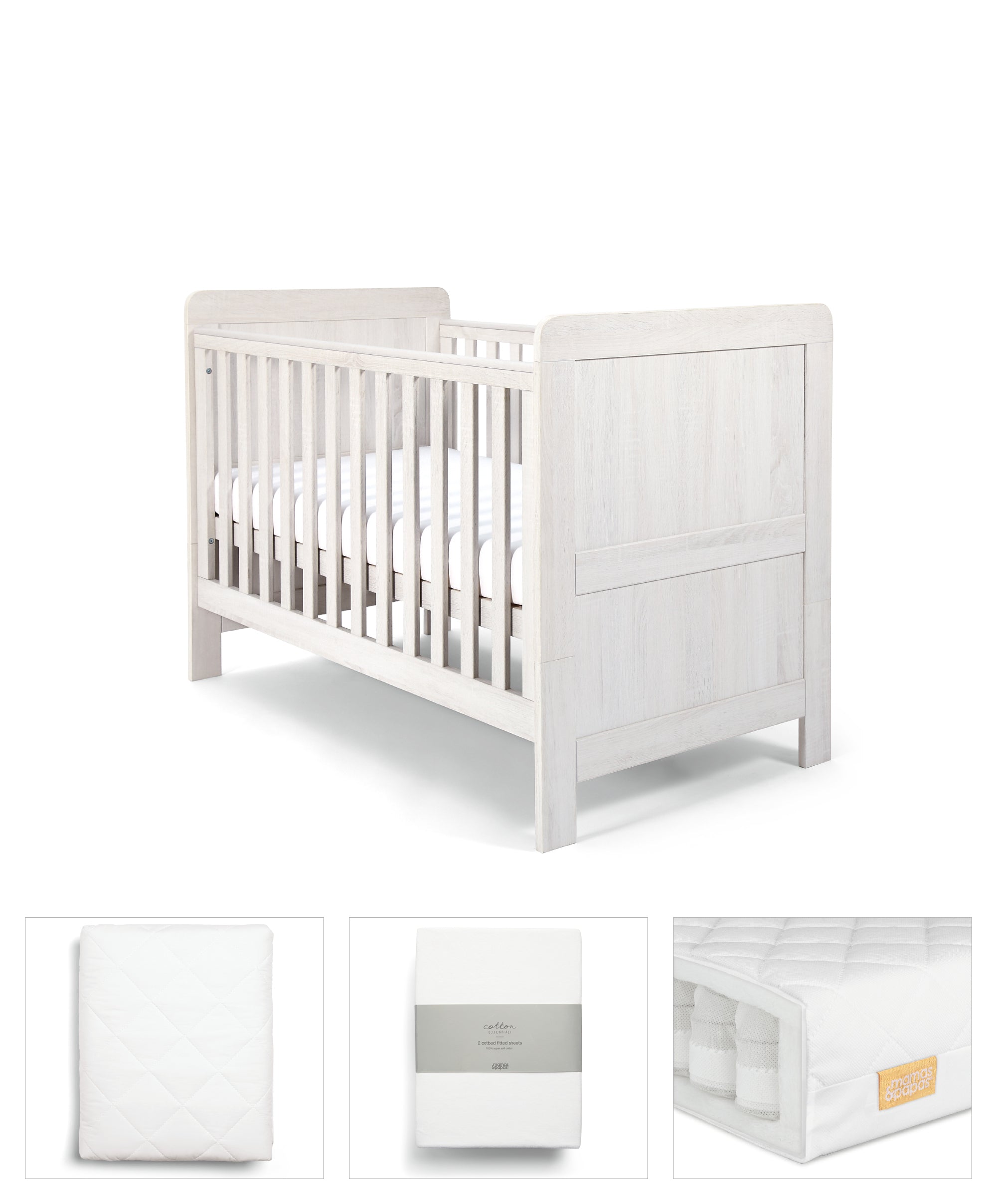 Mamas & Papas Atlas 4 Piece Set with Cotbed, Mattress, Fitted Sheets & Mattress Protector - White Wash