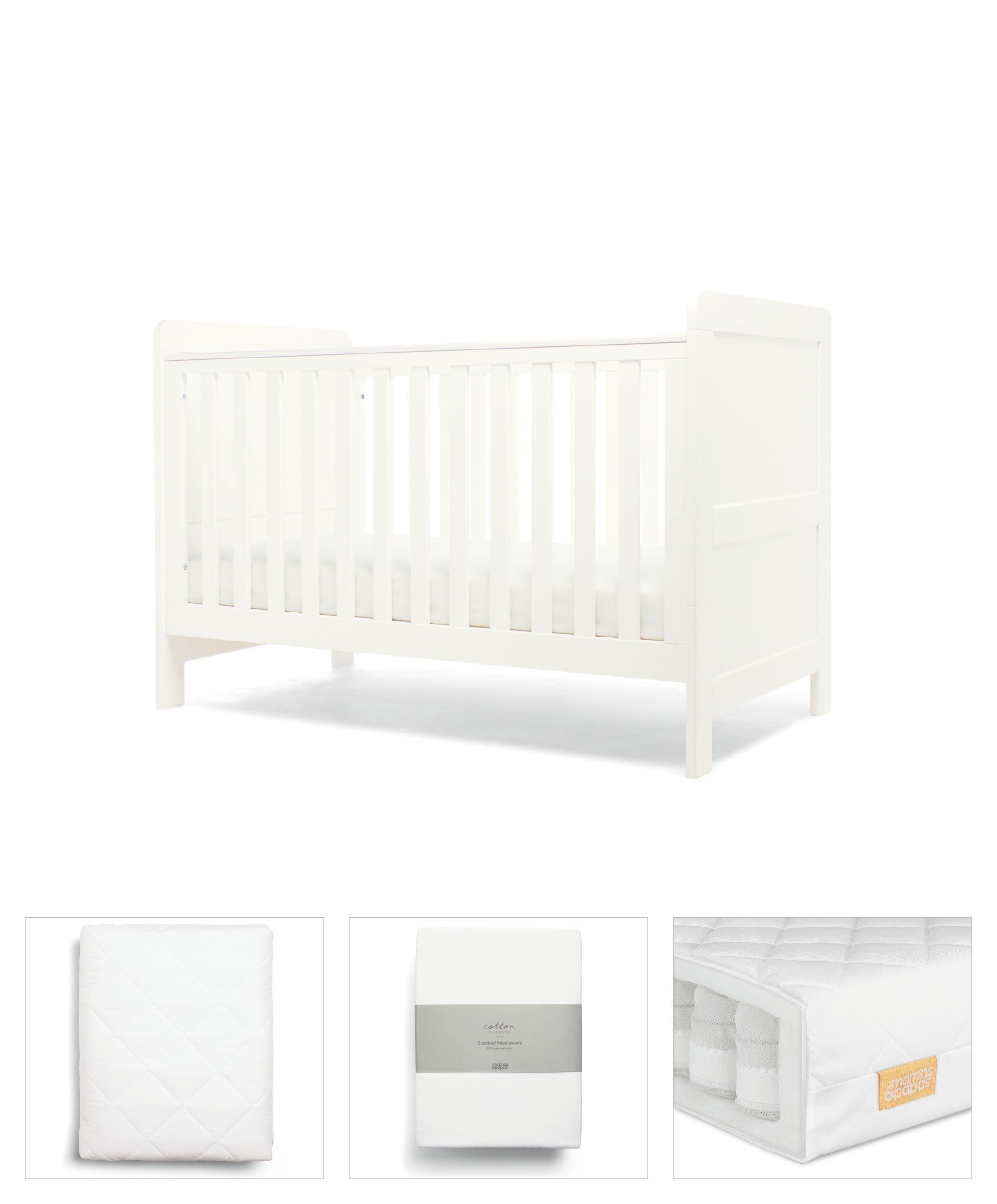 Mamas & Papas Hampden 4 Piece Set with Cotbed, Mattress, Fitted Sheets & Mattress Protector - White (Presale for May)