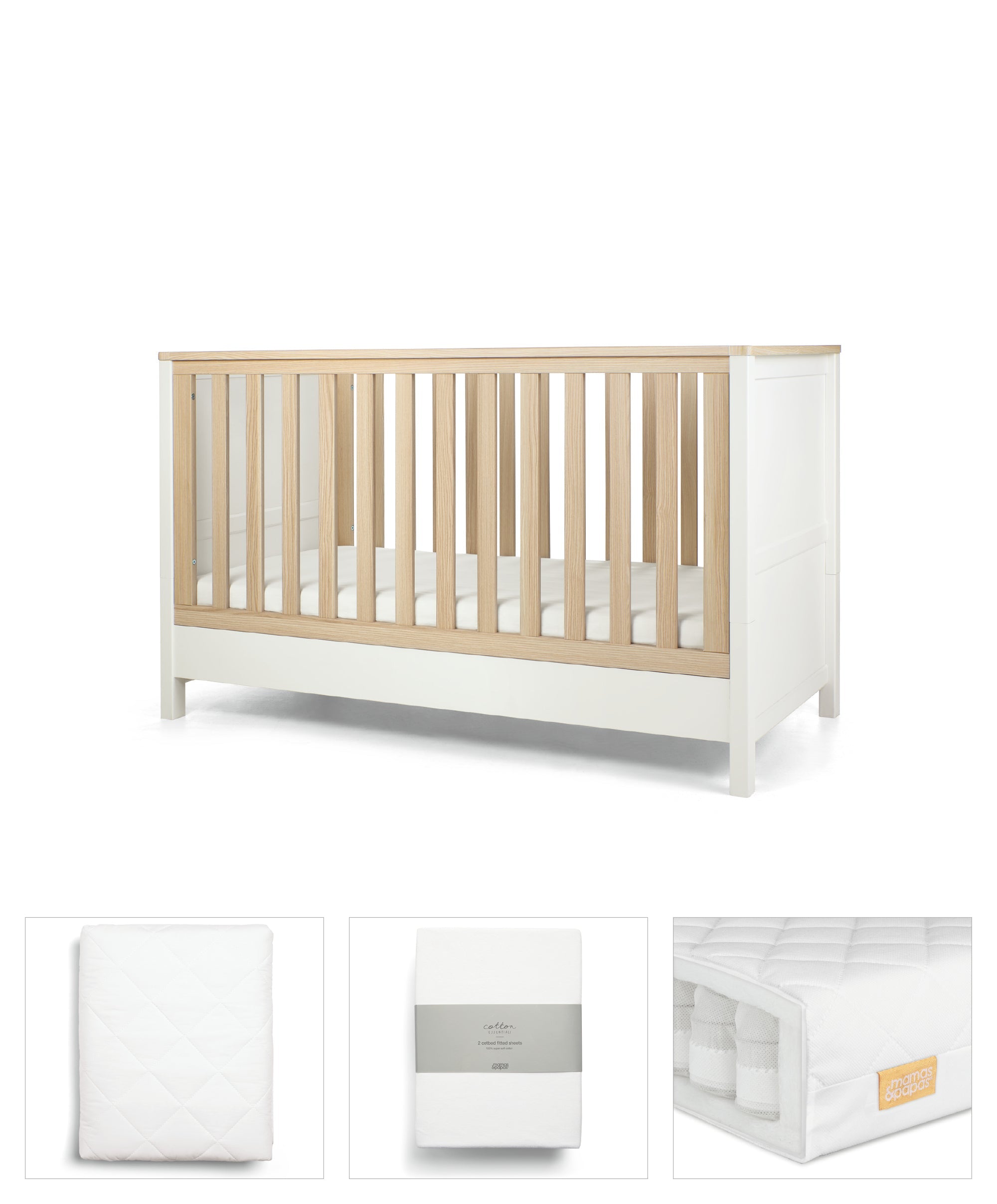 Harwell White 4 Piece Set with Cotbed, Mattress, Fitted Sheets & Mattress Protector