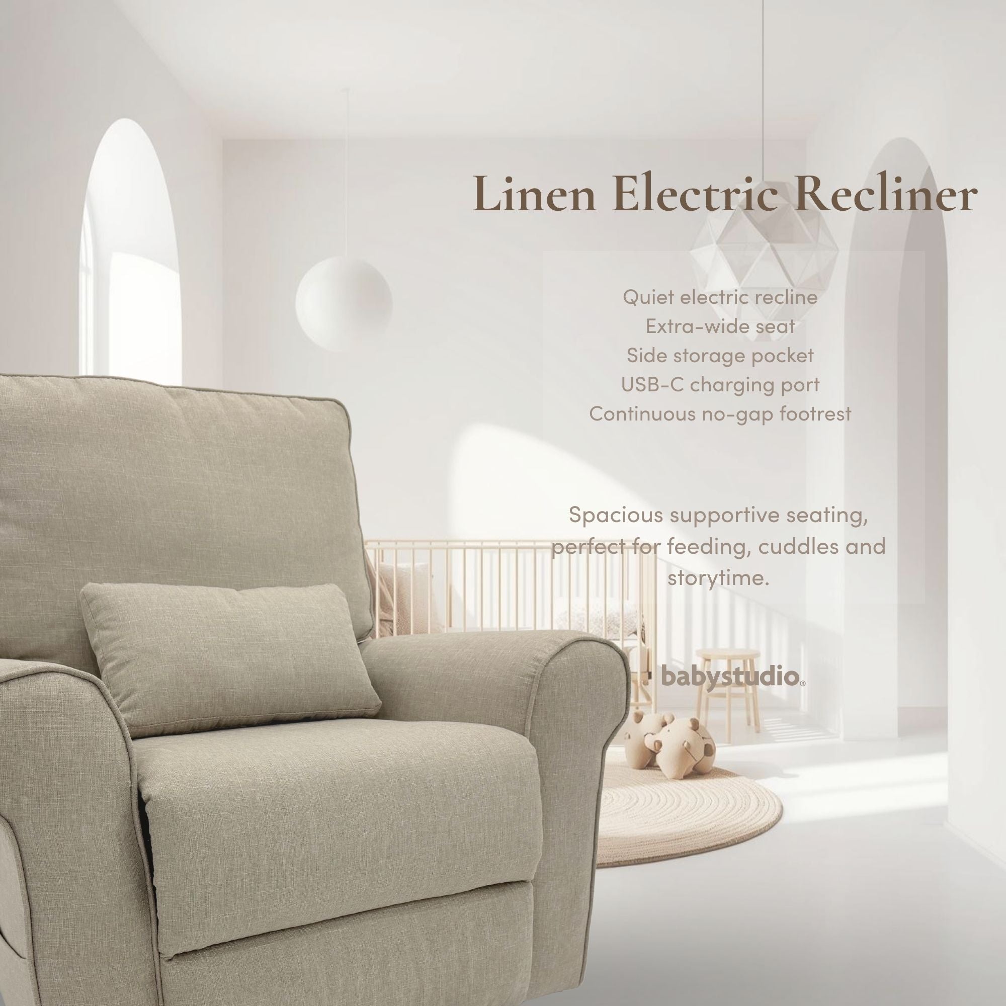 Electric Nursery Glider Recliner Chair - Linen Nursing & Feeding Chair - Oatmeal