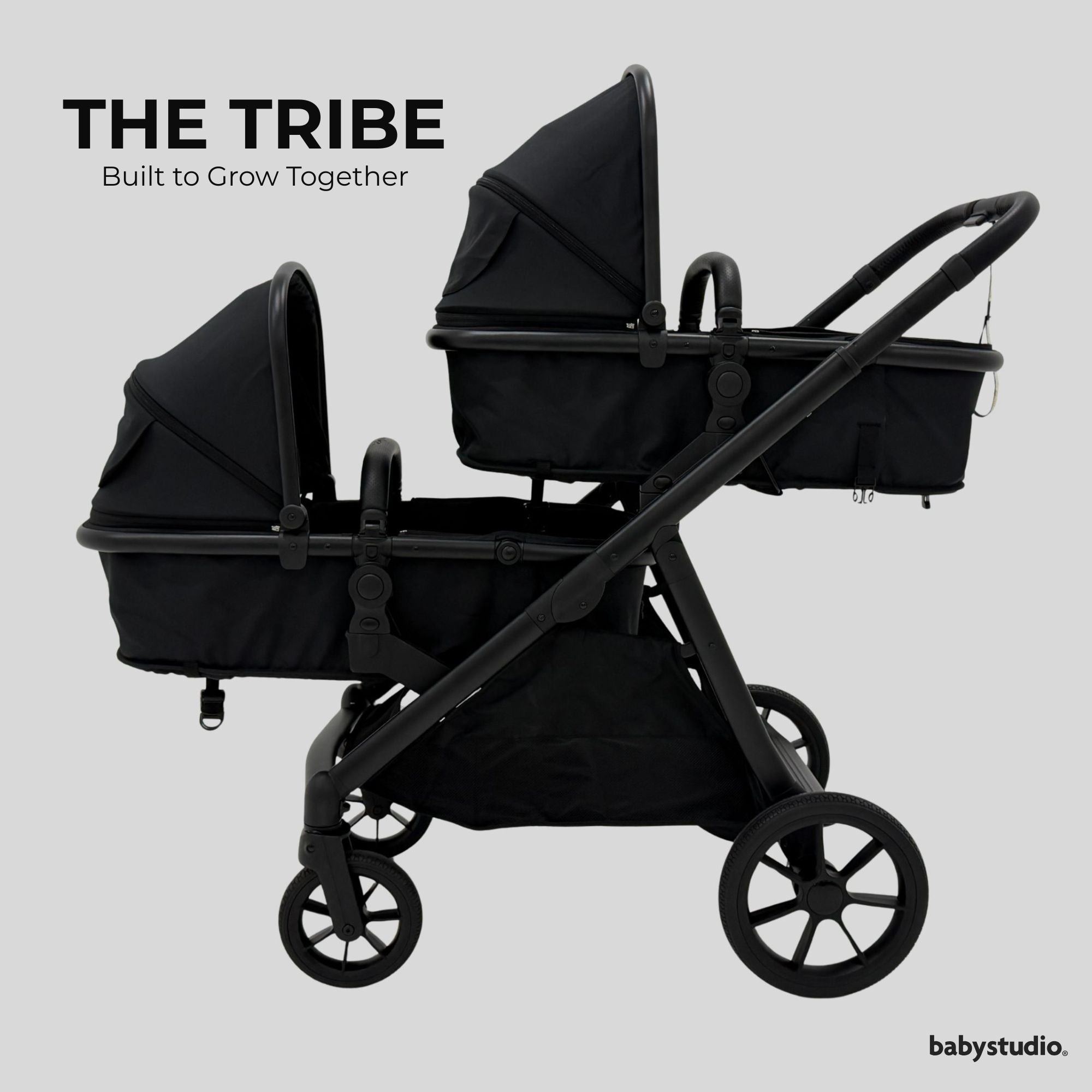 The Tribe Double Pram – Frame & 2 x Carrycot/Toddler Seat