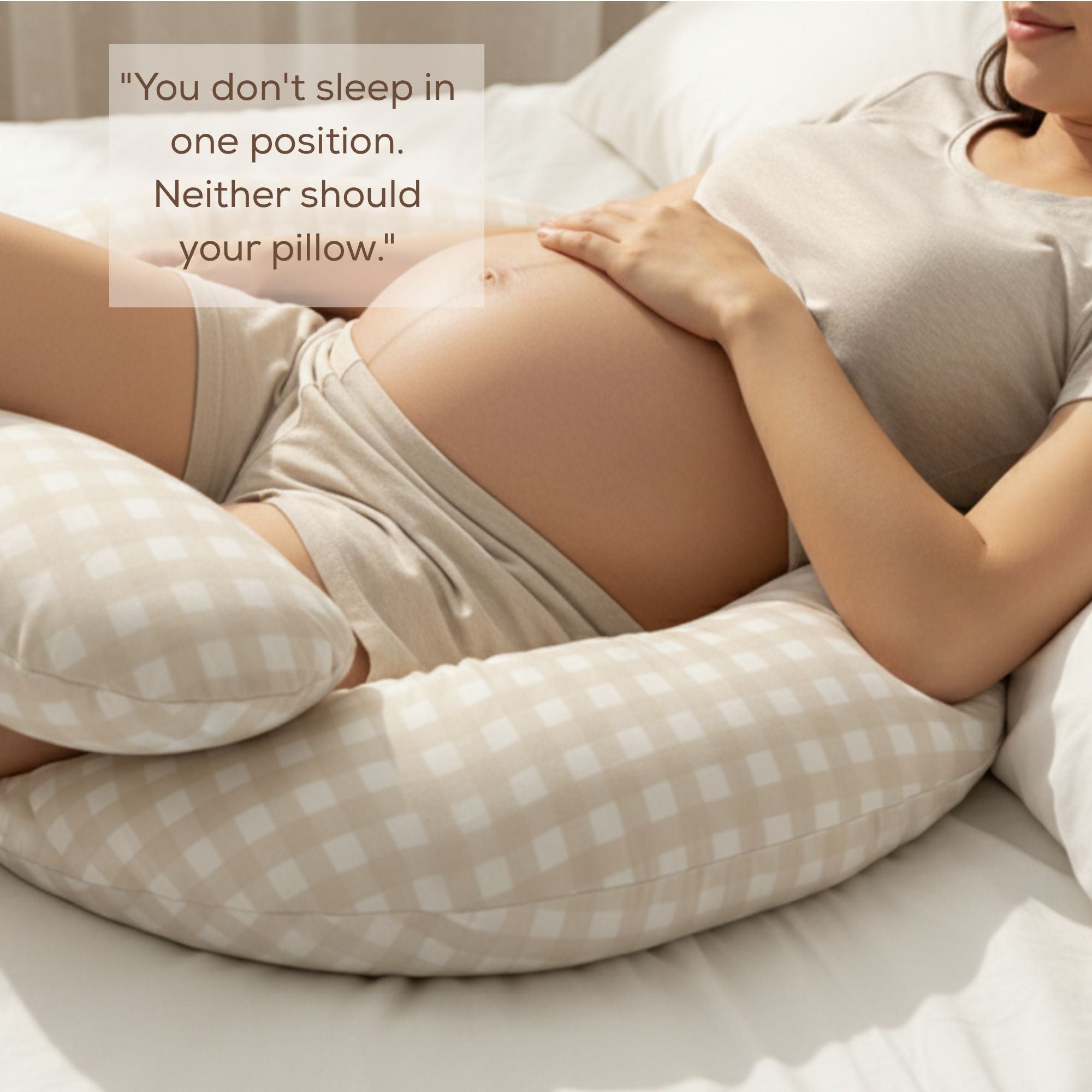 The Ultimate Body Pillow - Pregnancy & Breastfeeding Support Pillow - Gingham Beige - Babystudio