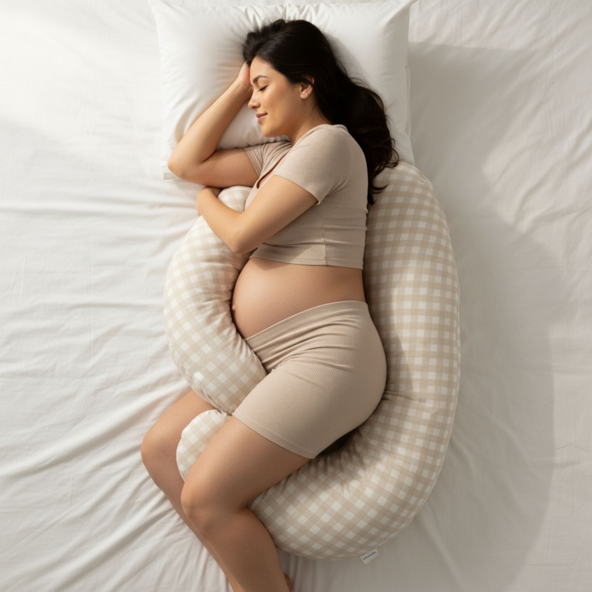 The Ultimate Body Pillow - Pregnancy & Breastfeeding Support Pillow - Gingham Beige - Babystudio