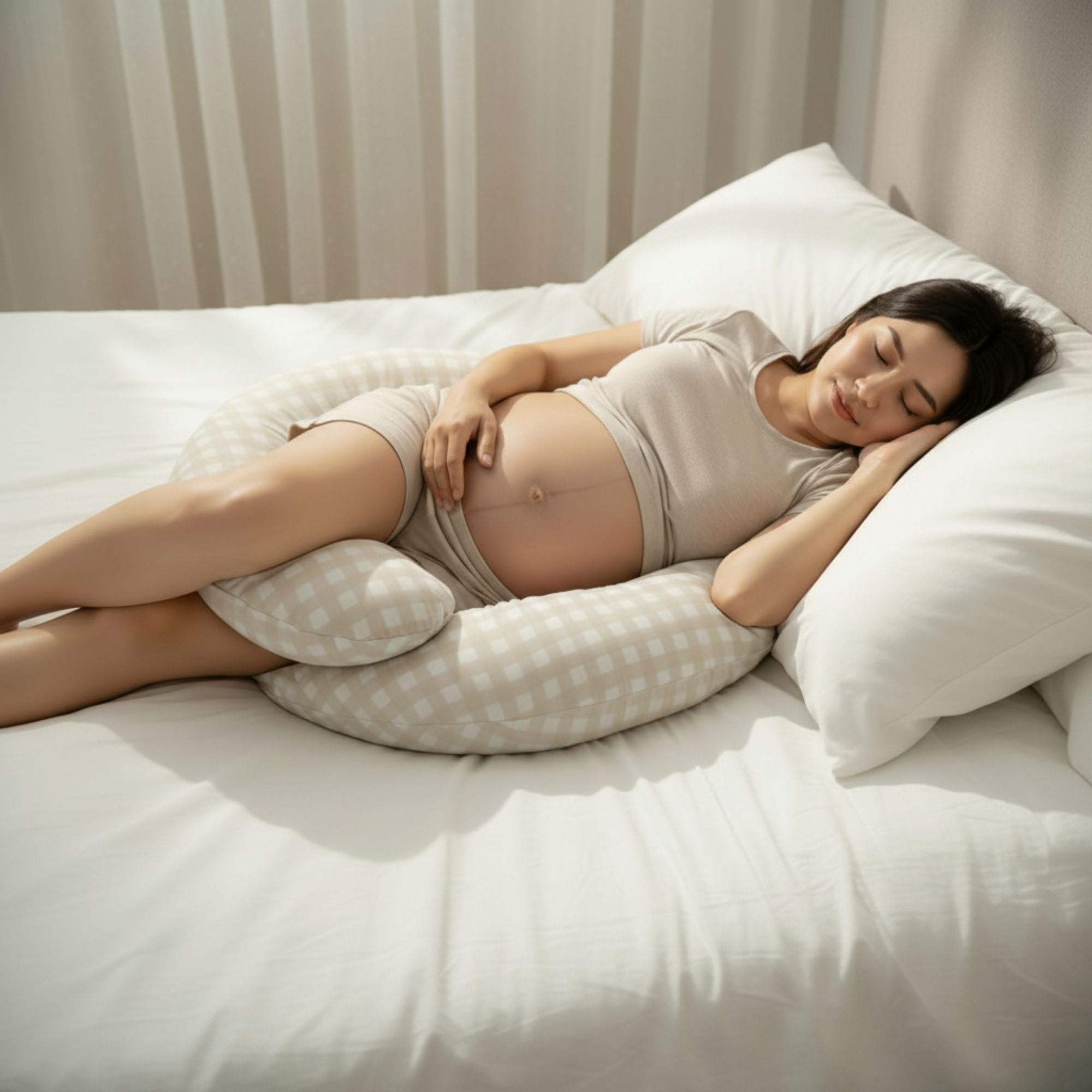The Ultimate Body Pillow - Pregnancy & Breastfeeding Support Pillow - Gingham Beige - Babystudio
