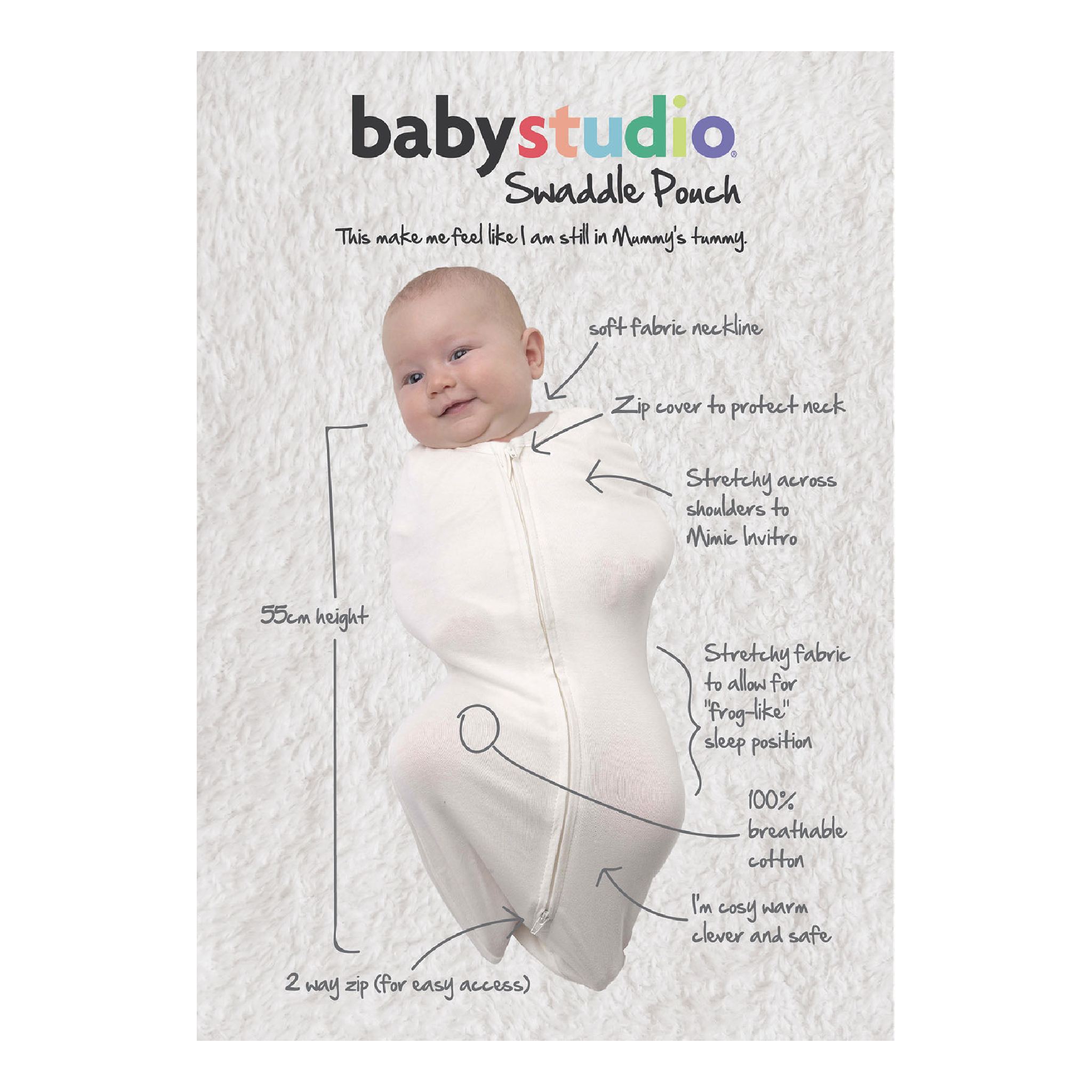 Babystudio Organic Cotton Swaddle Pouch 0.5 TOG Small (0-3 months) - BRIGHT WHITE