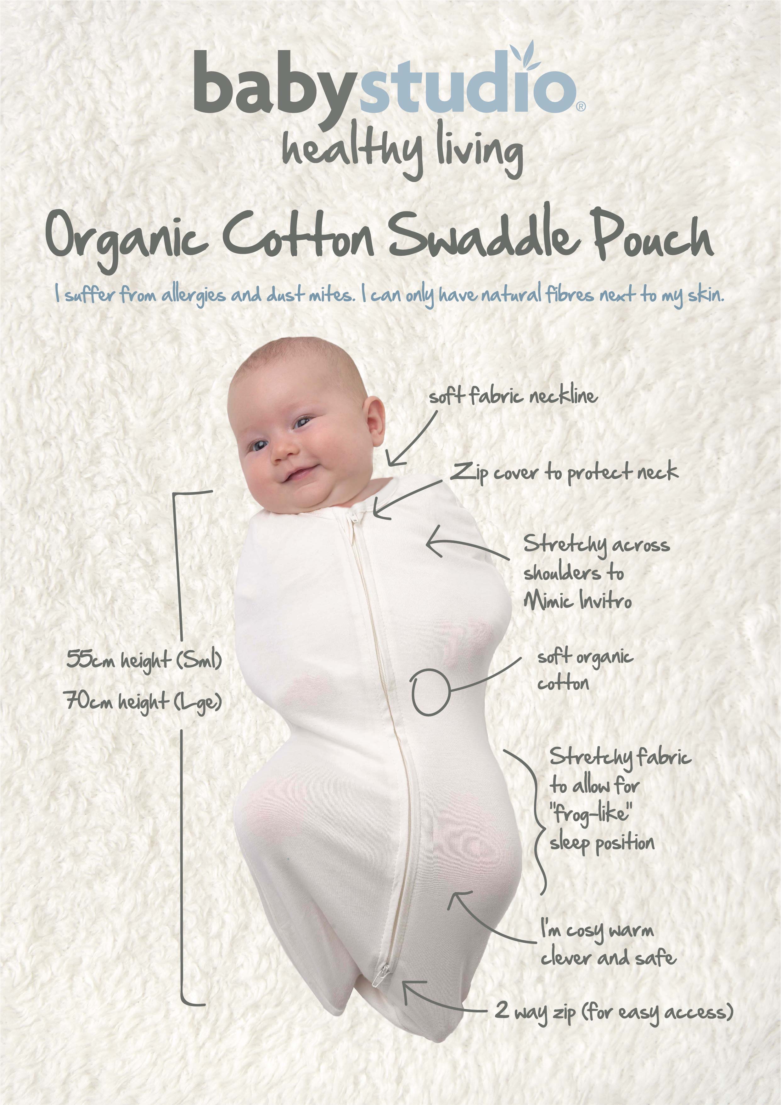 Babystudio Swaddle Pouch Organic Cotton Small (0-3m) - NAVY