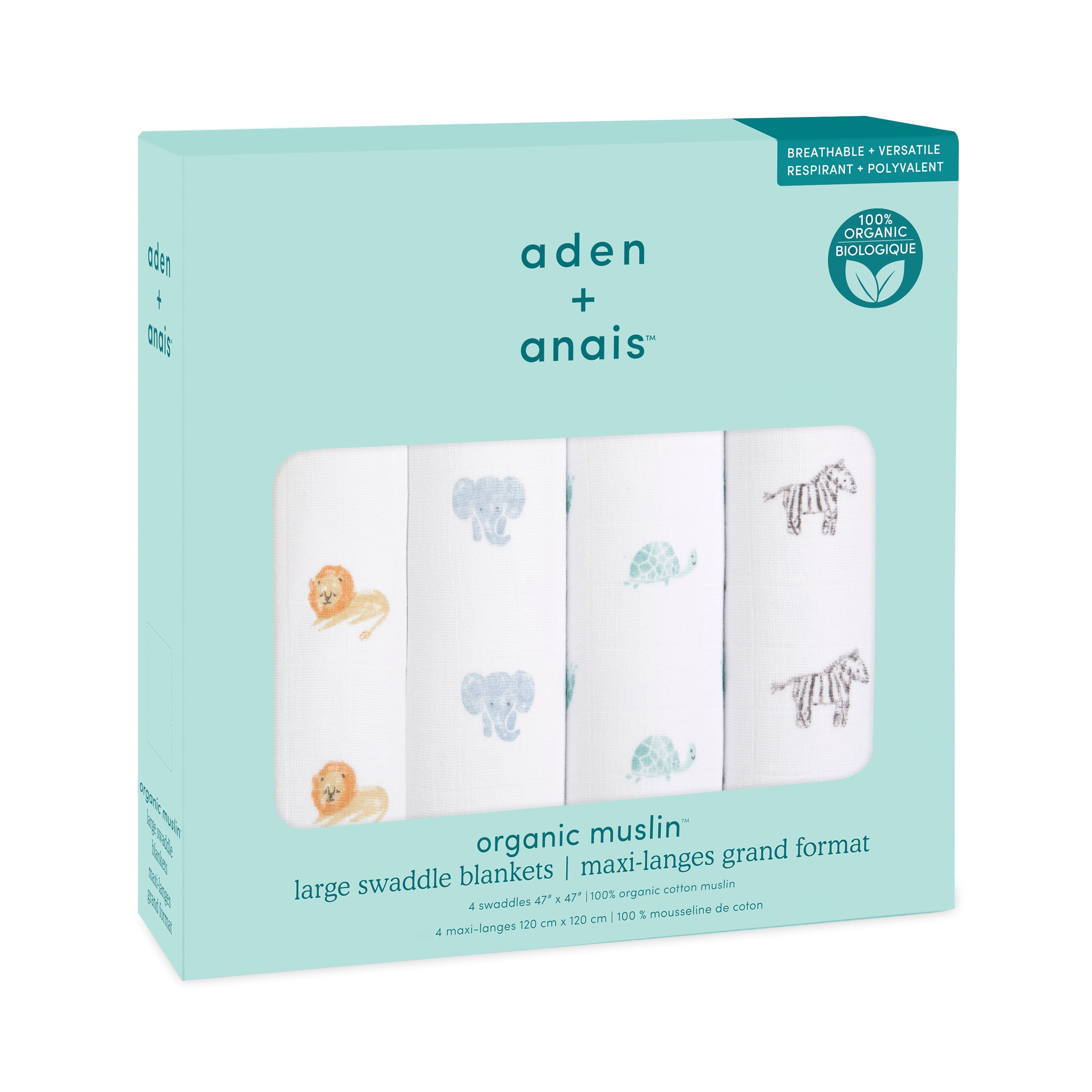Aden + Anais ORGANIC Muslin Swaddles - Animal Kingdom 4pk