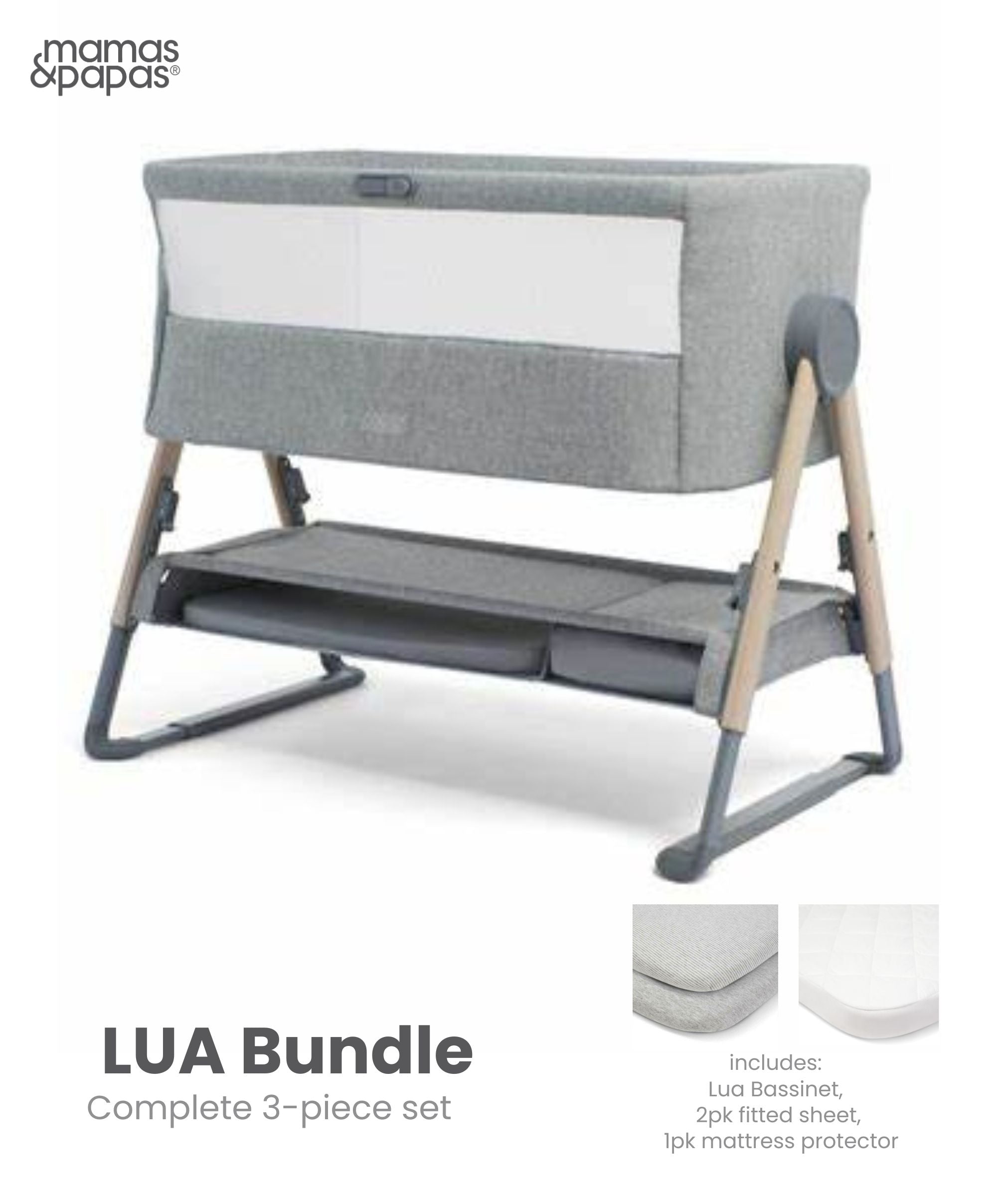 Mamas & Papas Lua Bedside Crib Bundle 2 pcs - GREY  (BONUS FITTED SHEETS & MATTRESS PROTECTOR)