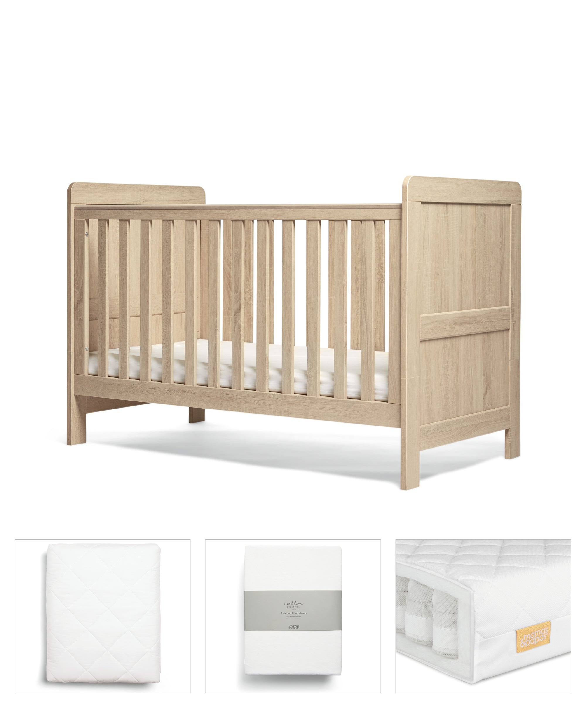 Mamas & Papas Atlas 4 Piece Set with Cotbed, Mattress, Fitted Sheets & Mattress Protector - Light Oak