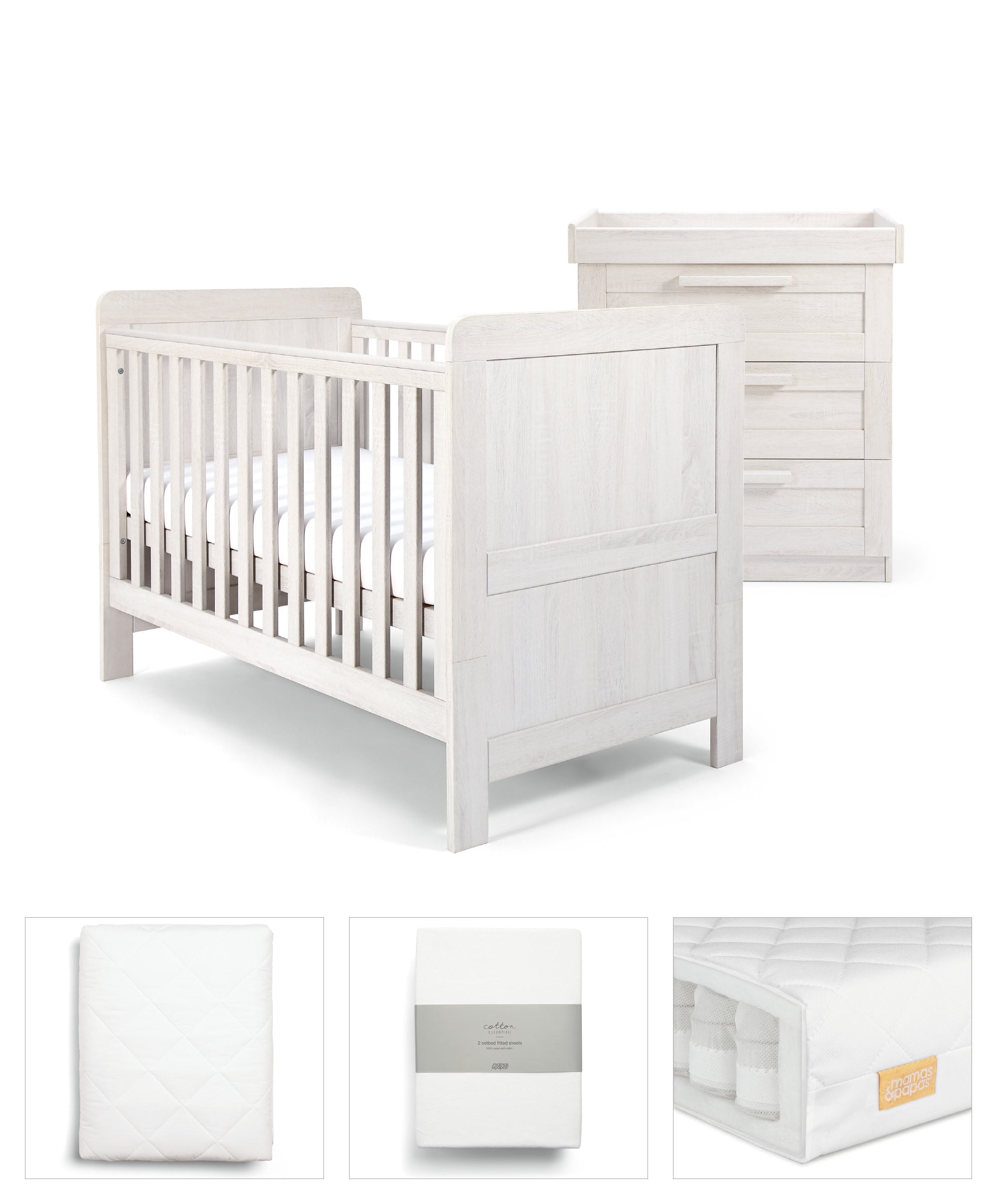 Mamas & Papas Atlas 5 Piece Set with Cotbed, Dresser Changer, Mattress, Fitted Sheets & Mattress Protector - White Wash