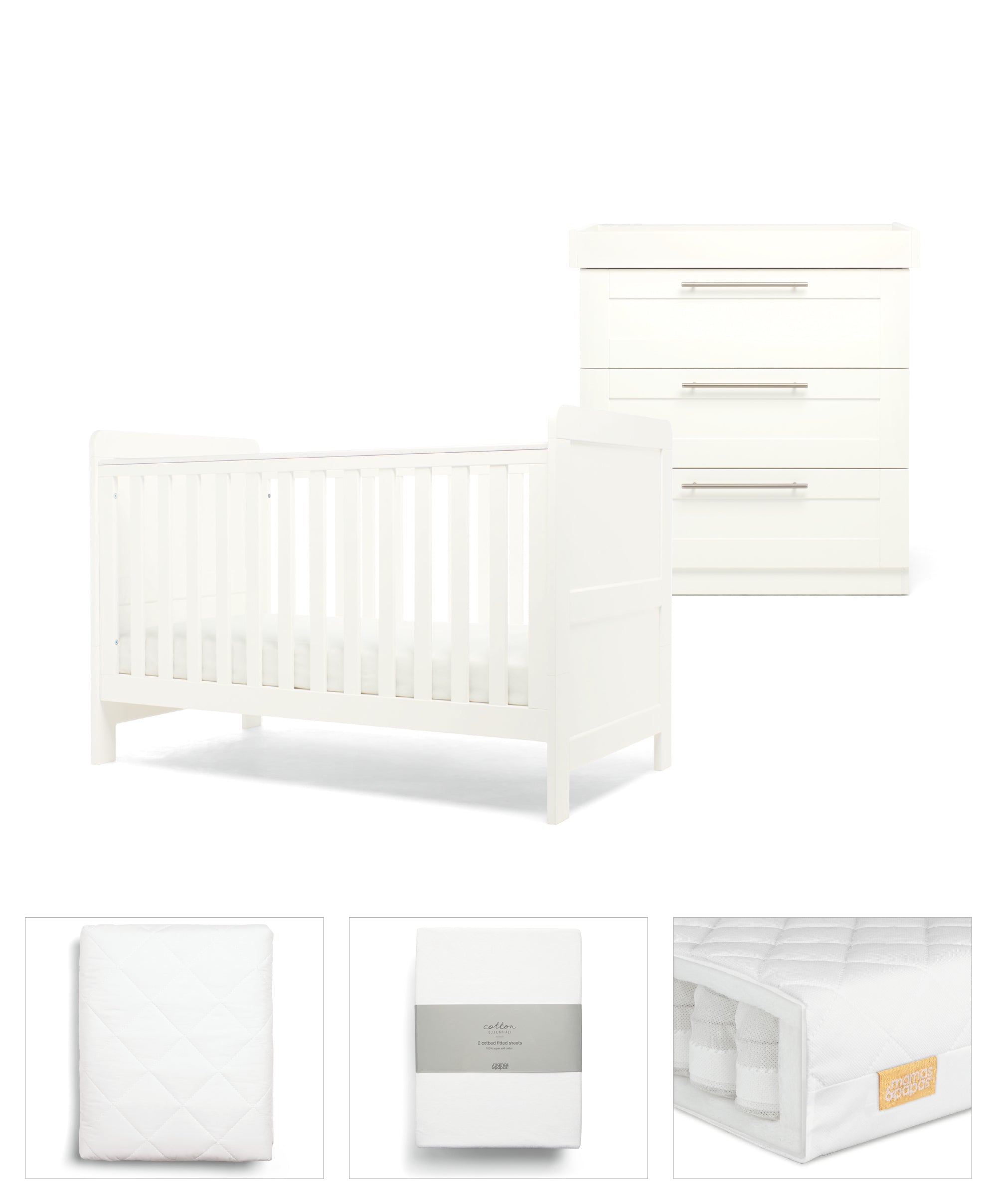 Mamas & Papas Hampden 5 Piece Set with Cotbed, Dresser Changer, Mattress, Fitted Sheets & Mattress Protector - White (Presale for May)