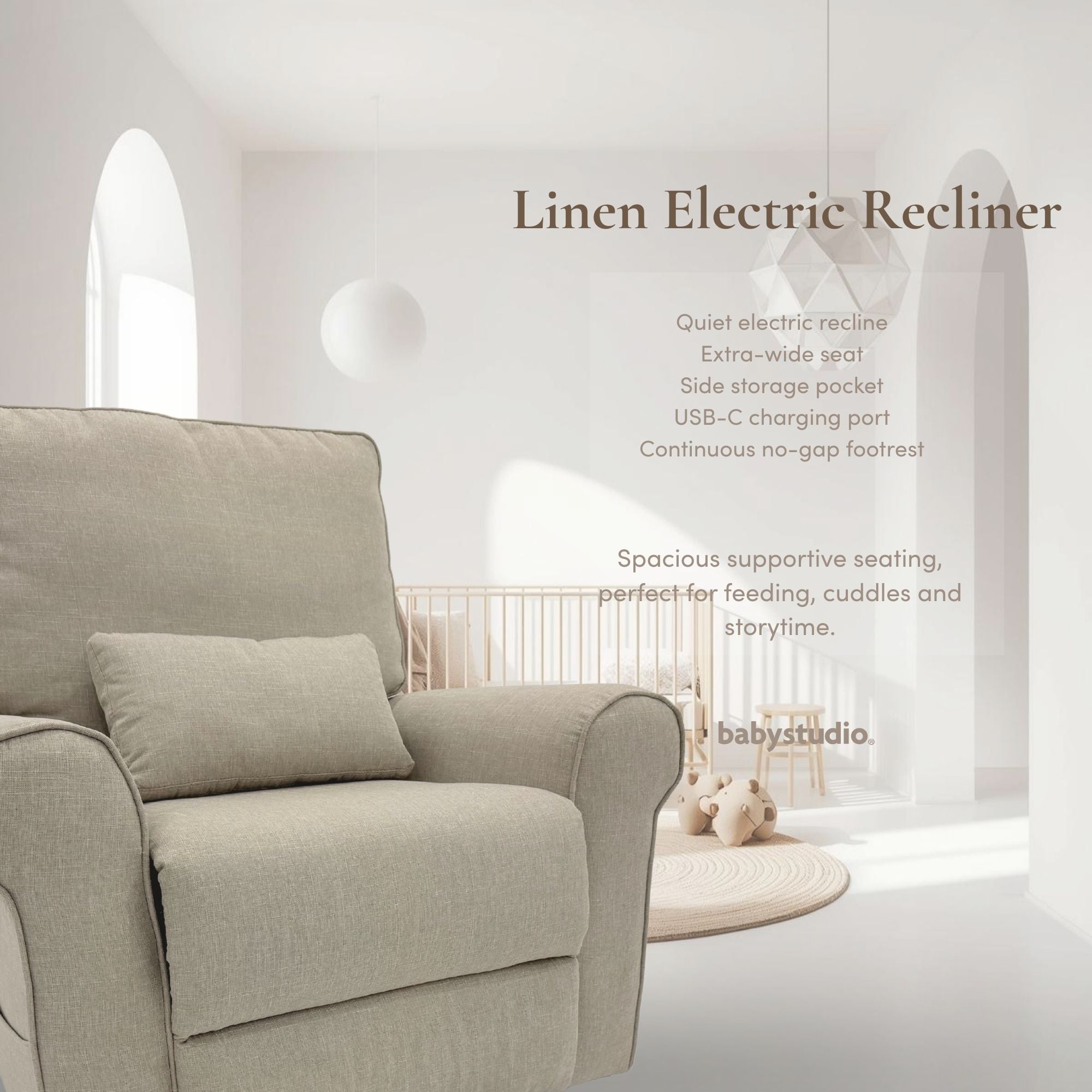 Deluxe Electric Linen Reclining Glider Feeding Chair- Grey/Beige Blend (Pre order for end July)