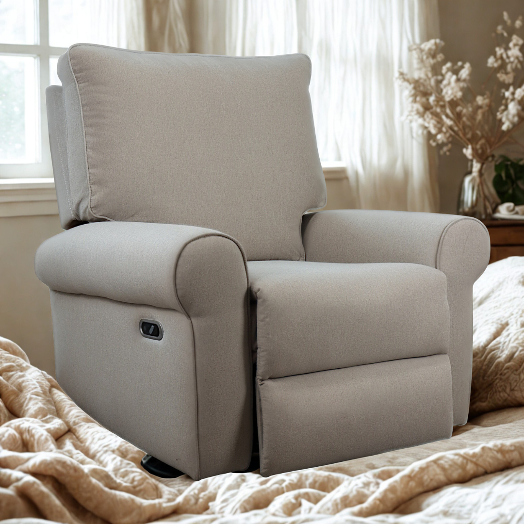 Deluxe Electric Linen Reclining Glider Feeding Chair- Light Grey (EXTRA SIDE POCKET)
