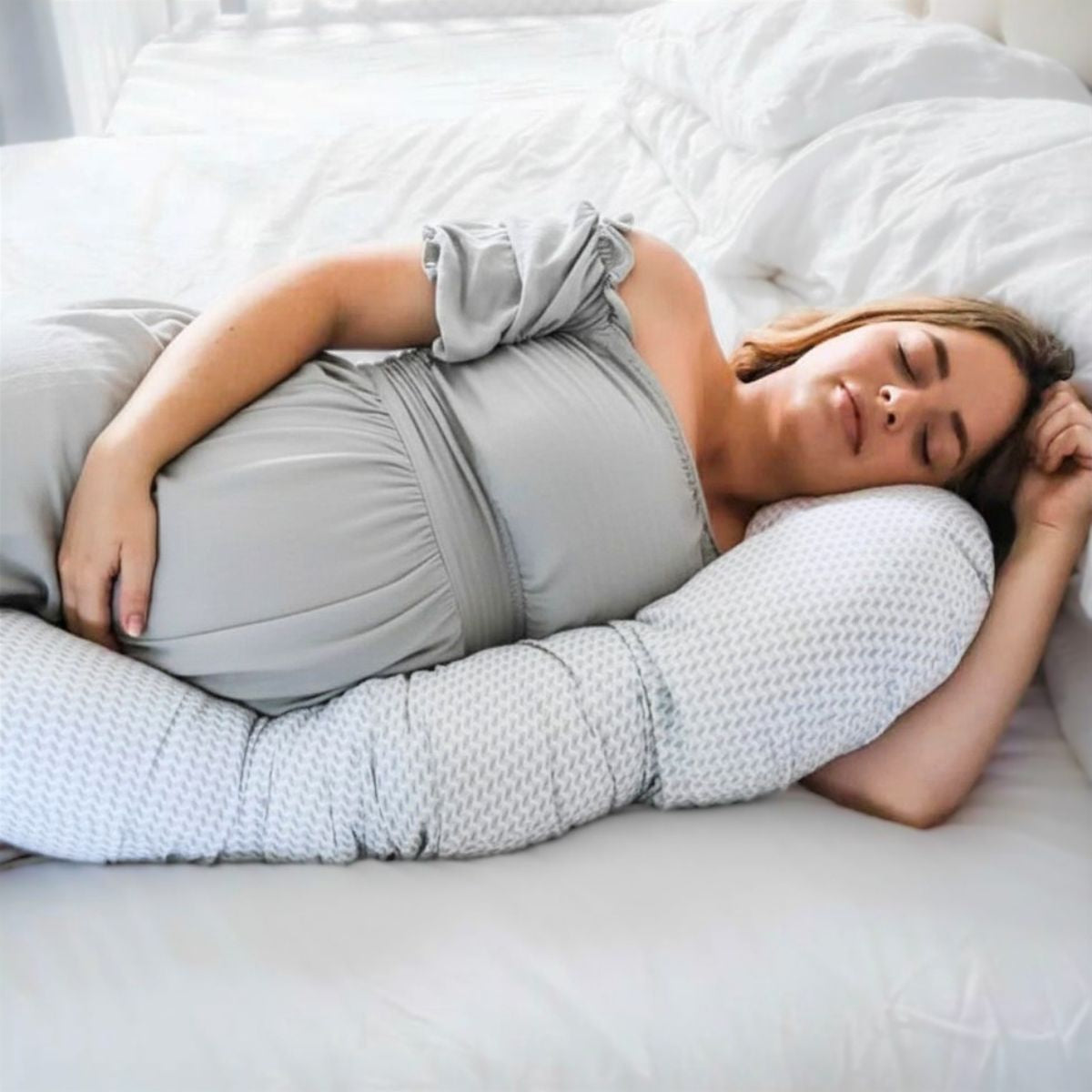 The Ultimate Body Pillow - Pregnancy & Breastfeeding Support Pillow - Gingham Beige - Babystudio
