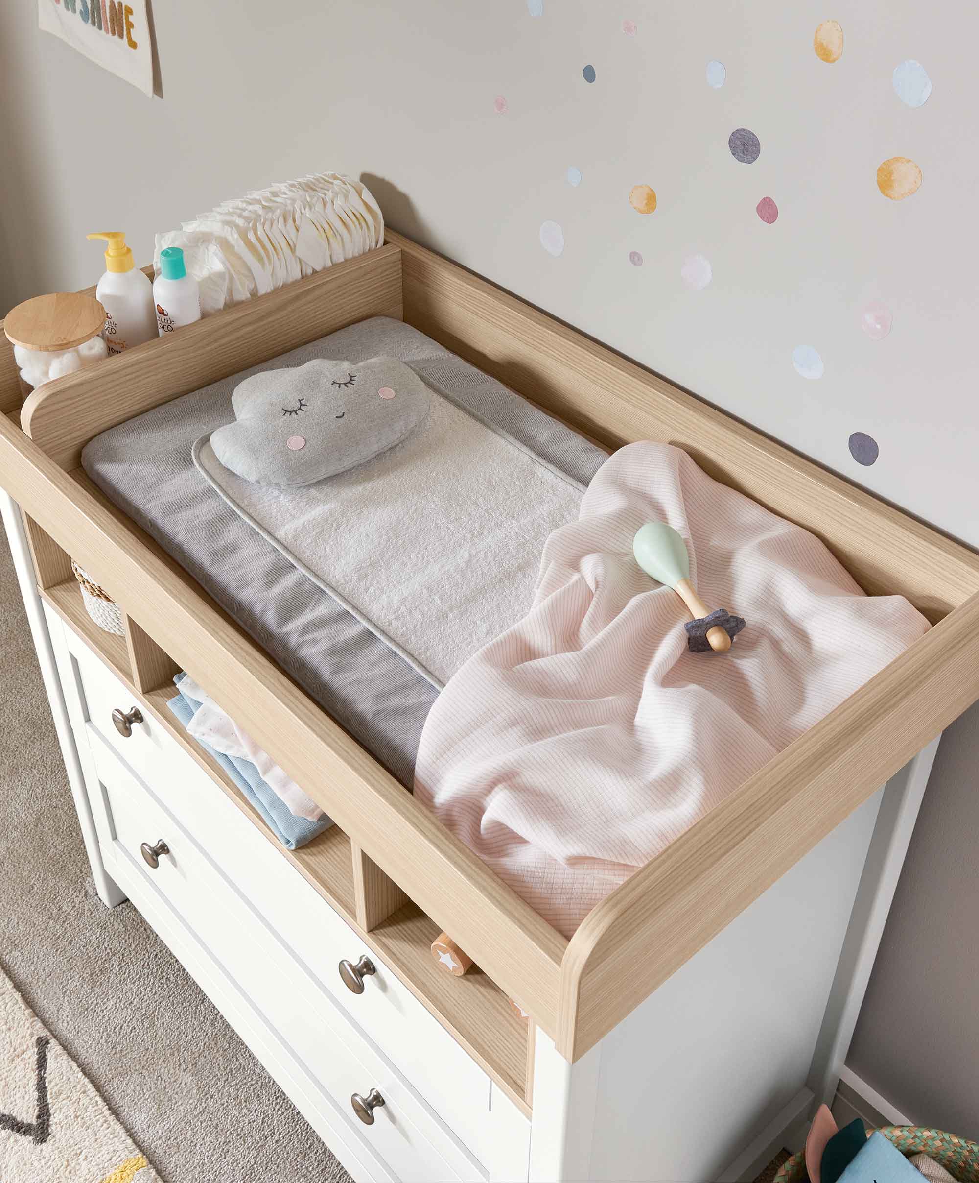 Harwell White 5 Piece Set with Cotbed, Dresser, Mattress, Fitted Sheets & Mattress Protector