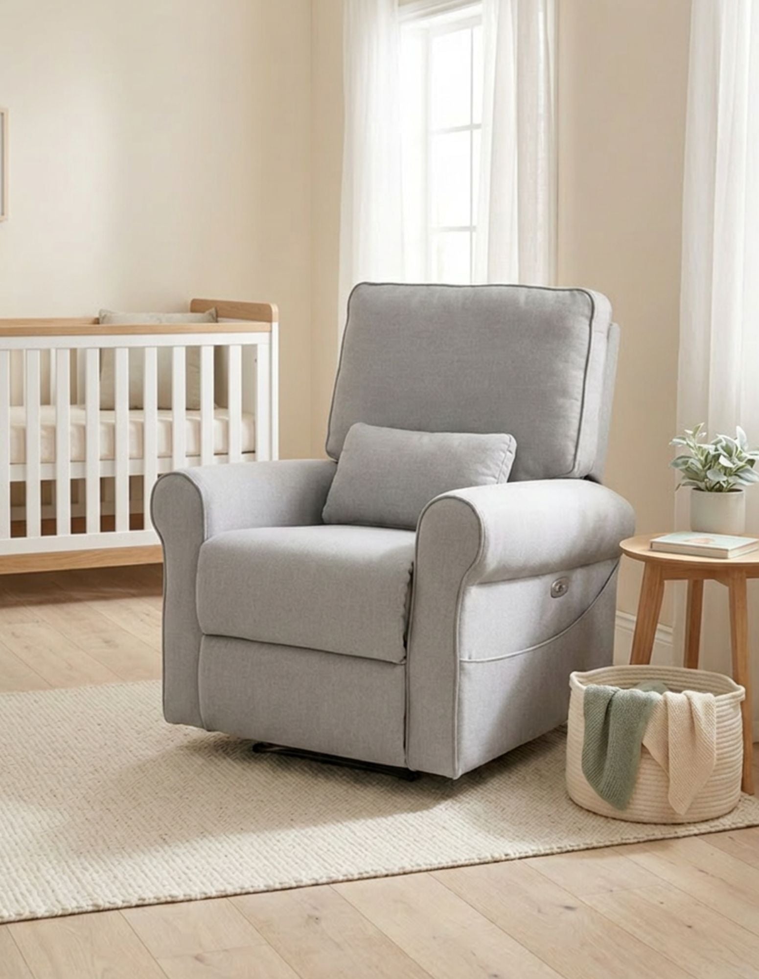 Deluxe Electric Linen Reclining Glider Feeding Chair- Light Grey (Pre Order end July)