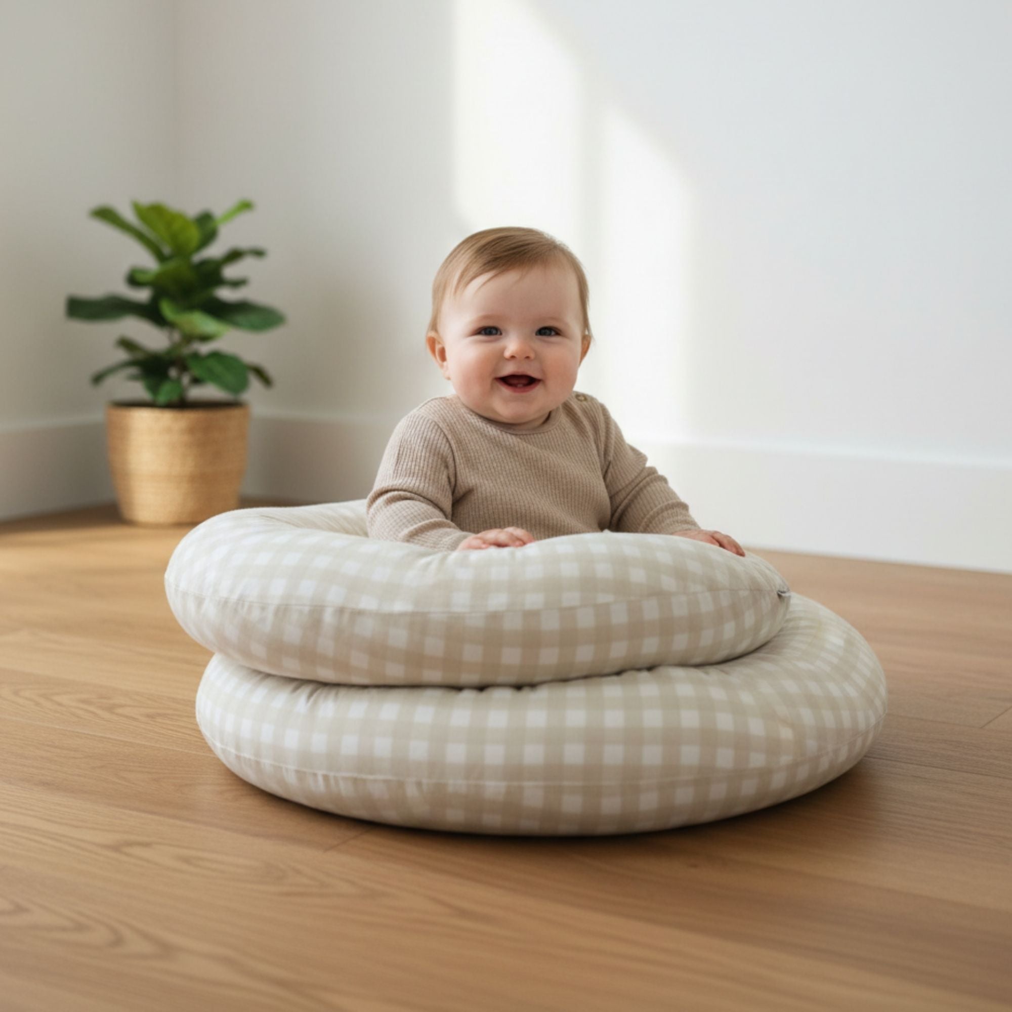 The Ultimate Body Pillow - Pregnancy & Breastfeeding Support Pillow - Gingham Beige - Babystudio