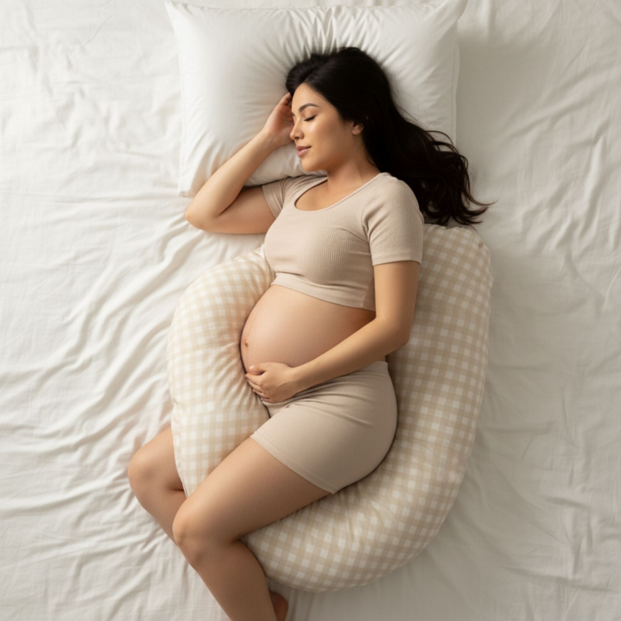 The Ultimate Body Pillow - Pregnancy & Breastfeeding Support Pillow - Gingham Beige - Babystudio