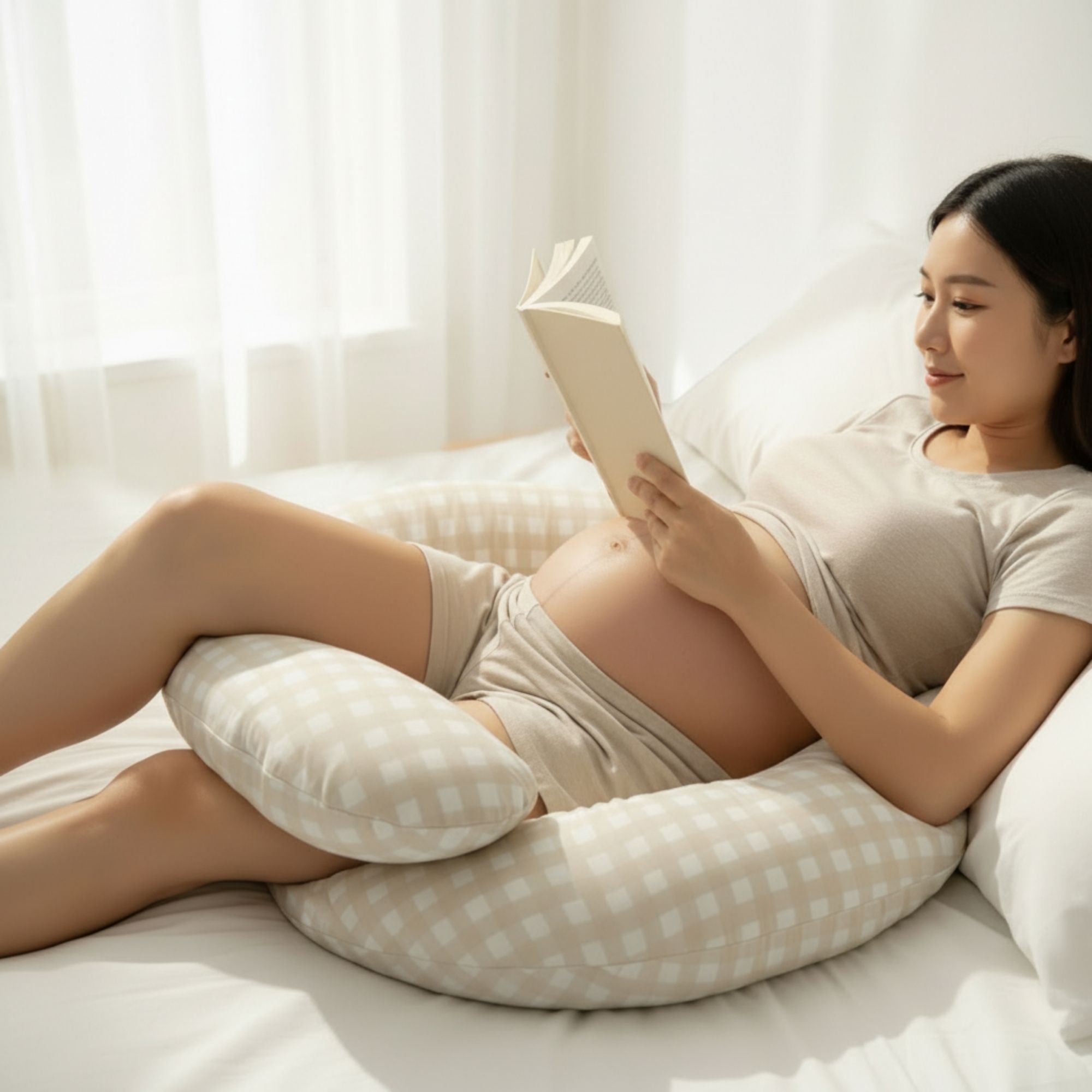 The Ultimate Body Pillow - Pregnancy & Breastfeeding Support Pillow - Gingham Beige - Babystudio