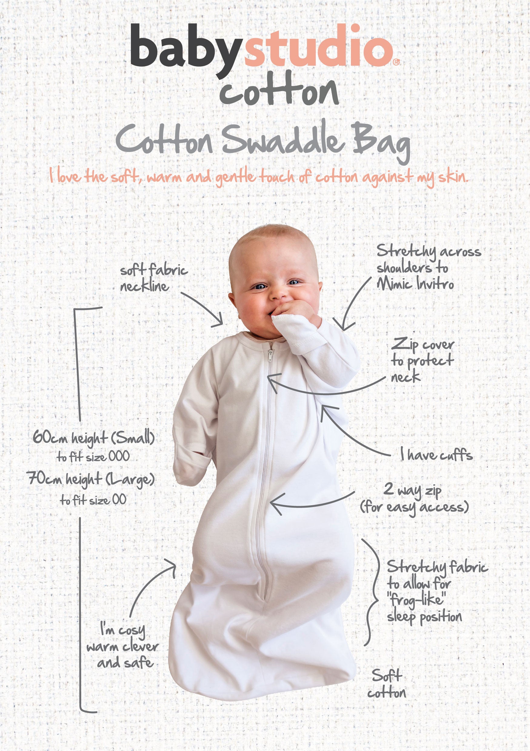 Babystudio all-in-one Swaddlebag Cotton Large (3-9m) - Hugs Equals Love